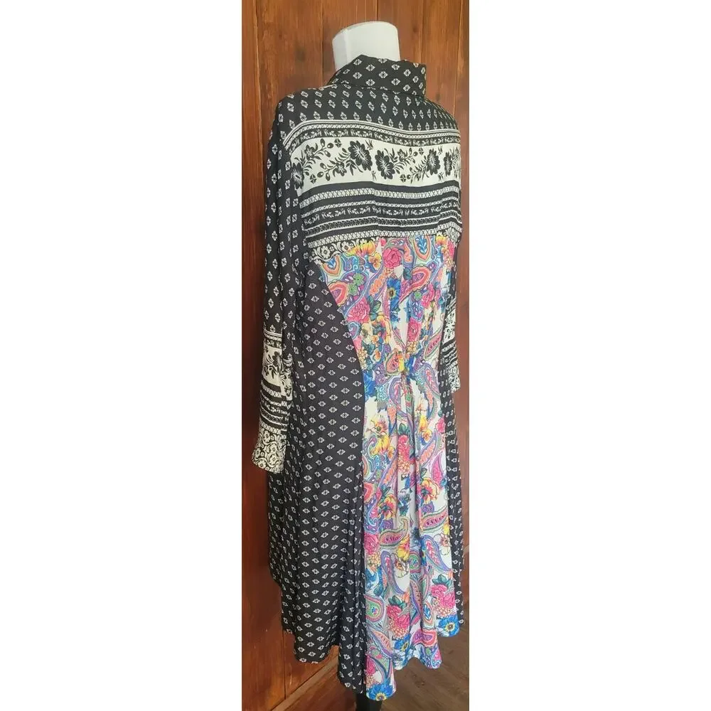 Cyrena by Anthropologie L Tunic Dress Black White Boho Floral Pleated Back Flowy